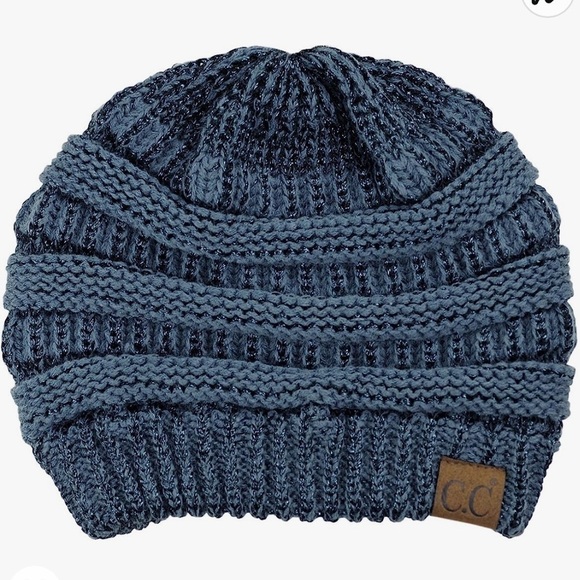 C.C NWT Denim Blue Chunky Soft Stretch Cable Knit Beanie Skully Slouch Cap Hat - Picture 2 of 4